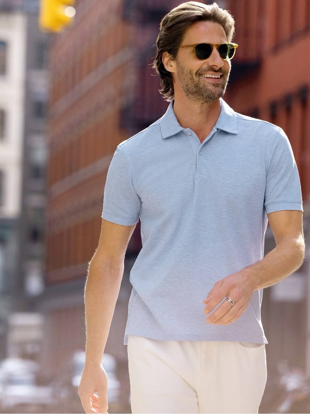 Thomas Dean Light Blue Button-Down Polo